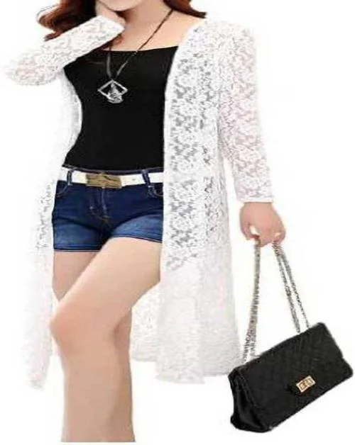 SHIRAK Women White Self Design Lace Shrug - L