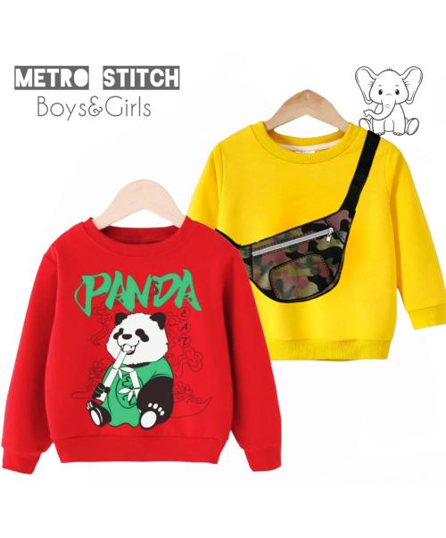 METRO STITCH Boys & Girls Full Sleeve Animal Printed 100% Pure & Premium Cotton Sweatshirt -Bag&Panda (9-12 Months) Multicolor (Pack of 2 Combo)