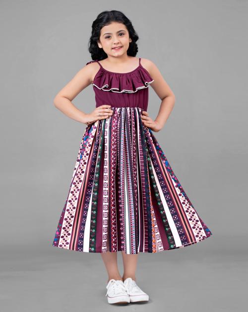 Fashion Dream Girls Wine Printed Crepe Pack Of 1 Frock | Dresses | Kids Wear | Girls Dress | Kids Dress | Frock | Frock Girls | Girls Frock | Dresses For Girls | Kids Girl Dress | Frock For Girls