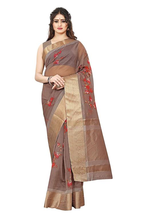 Pyos Women's Brown Floral Printed Organza Kanchi Border Jacquard Saree
