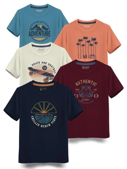 HELLCAT Navy , Burgundy , Beige , Orange , Turquoise Trendy Graphic Printed Typographic Cotton Blend Crew Neck / Round Neck Half Sleeve T-shirt for Boys
