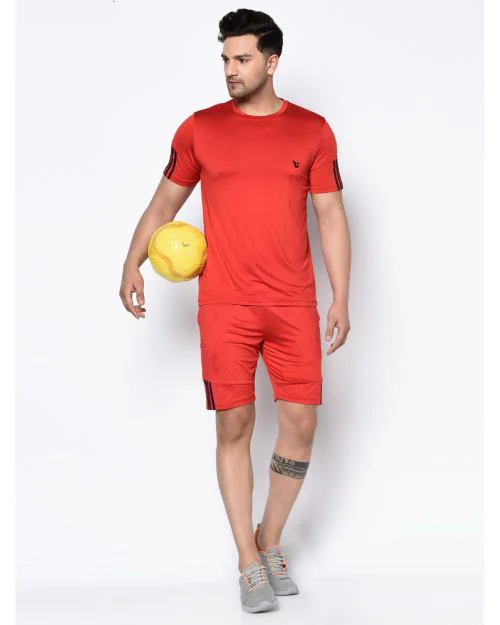 Glito Men Sports Tracksuit Red Short Cotton Blend Striped Running