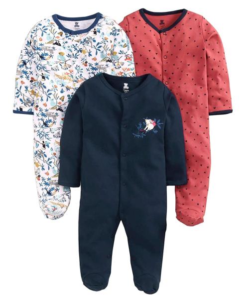 I Bears Baby Boys and Baby Girls Full Sleeve Footed Romper Bodysuit Pack of 3 Color White,Blue,Orange 0-1 Month