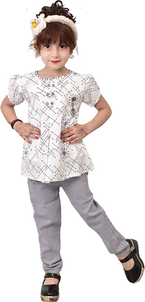 AYUB FASHION Girls White Printed Denim Top and Jeans Set (5-6 Y)