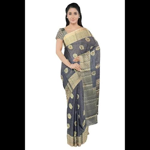 MANUMA Women's Kanchipuram Silver Jaquard Butta Heavy Silk Saree With Broad Silver Border and Blouse Piece