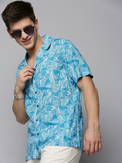SHOW OFF Men's Blue Printed Viscose Rayon Shirts