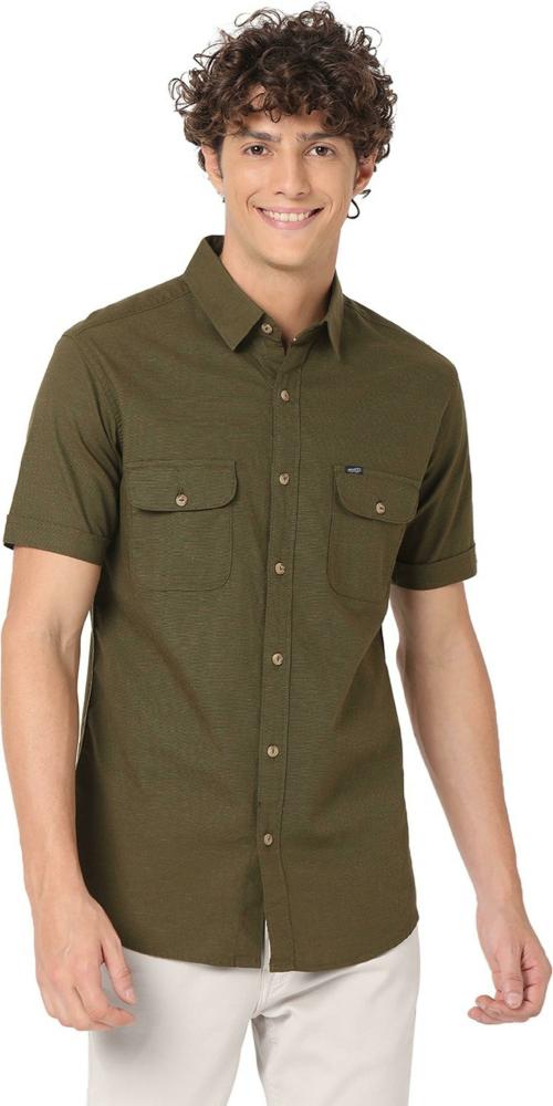 Mufti Olive Cotton Linen Military Slim Fit Casual Shirt