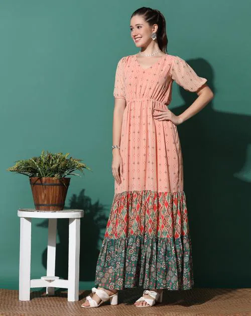 Fashion Dream Women Peach Printed Georgette Dress | Dresses| Women Dress| Maxi Dresses| Dress for Women| Maxi Dresses For Women | Women Casual Dress | Tiered Dress| Maxi |Printed Dress
