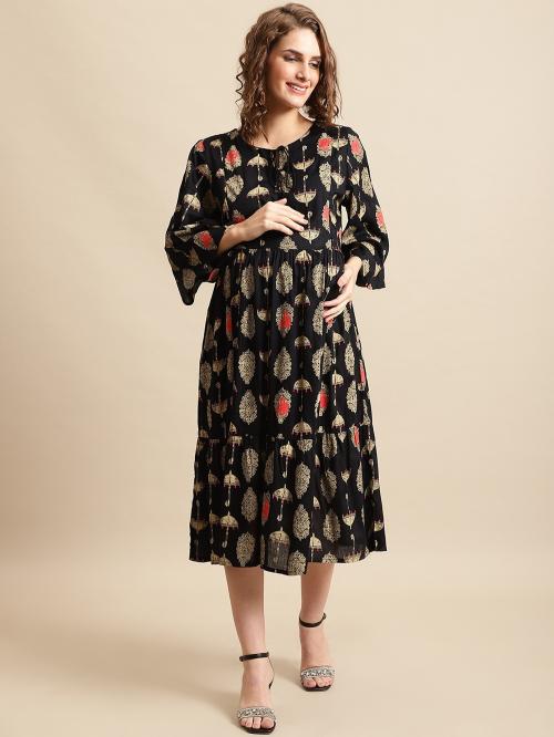 Moms Maternity Women's Maternity Rayon Black Umbrella Print Midi Dress