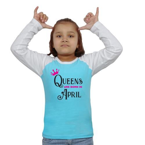 LIMIT Fashion Store - Queens Are Born In April Kids T-Shirt (2 Years) (Girls) Sky Blue - White