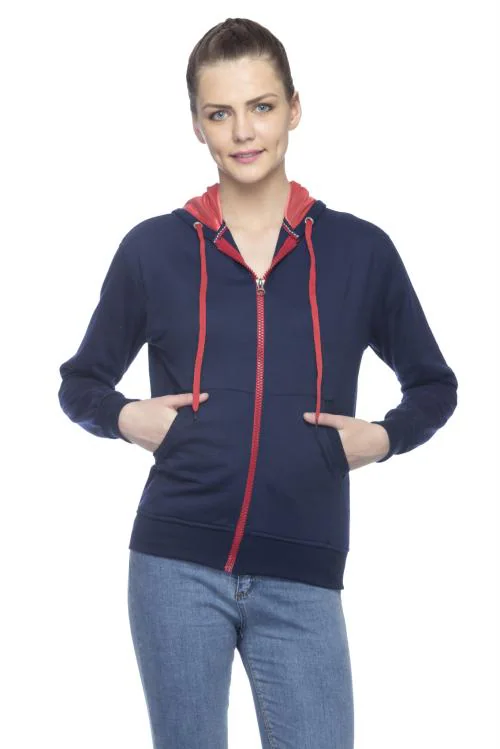 Lambency Navy Cotton Blend Solid Hooded Sweatshirt