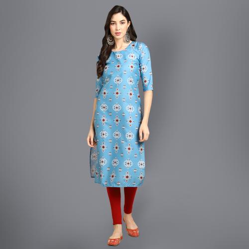 1 Stop Fashion Women's Crepe Blue Color Block Printed Straight Kurti