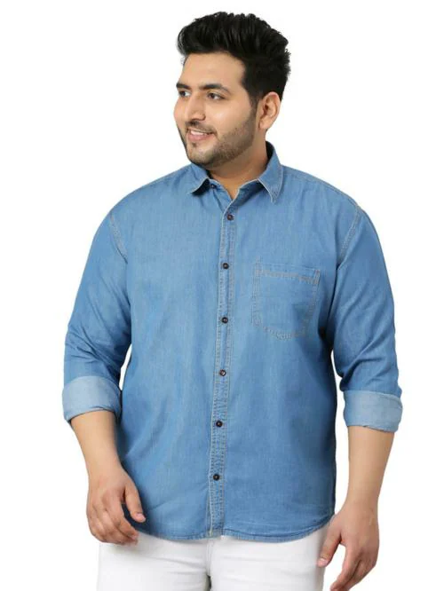 GUNIAA Blue Denim Single Pocket Full Sleeve Shirt Men's Plus Size