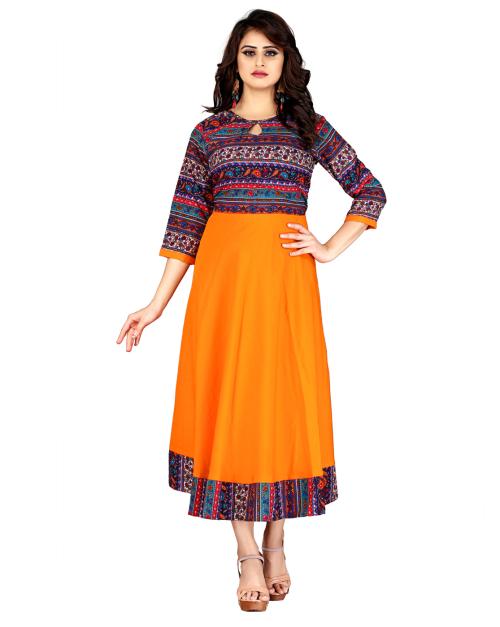 Fuoko Orange Ethnic Anarkali Festival Kurti For Women-XXL
