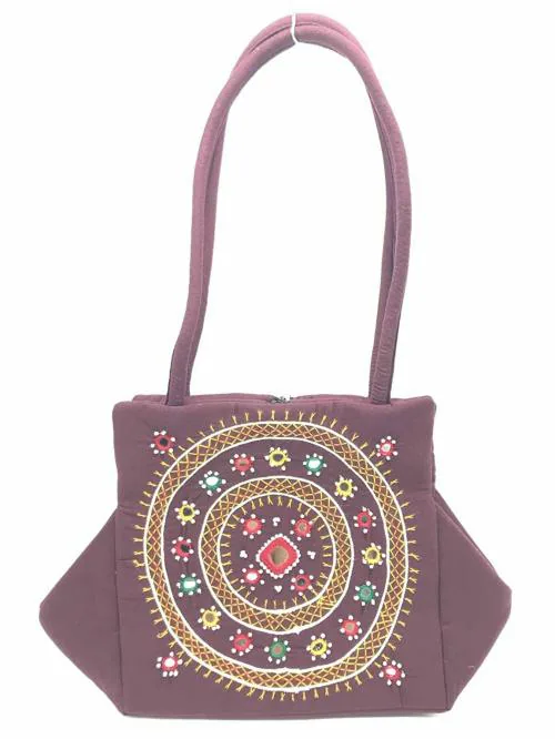 SriAoG Handicrafts Fabric Hand Bag for Ladies Handmade Cotton Ethnic Rajasthani Banjara Shoulder Handle Bag for Women & Girls (Medium 13 Inch Embroidered Beads Work, Brown)