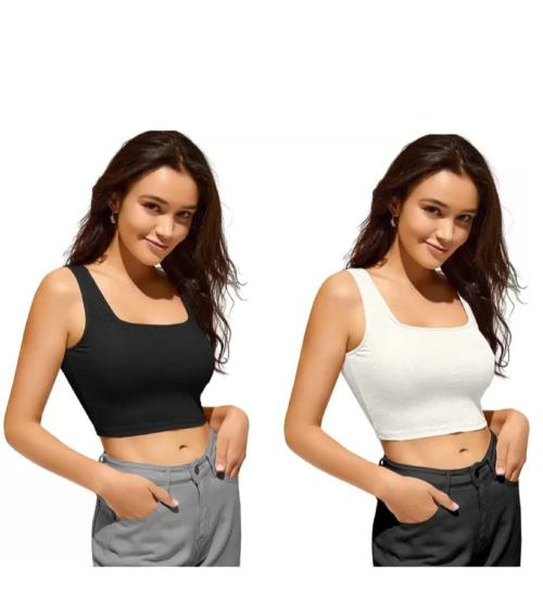 woodzon Women Self Design Black White Crop Top Combo Pack Women Casual Square Neck, Sleeveless Tops