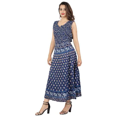 Rangun Women Maxi Cotton DarkBlue Color Printed Dress