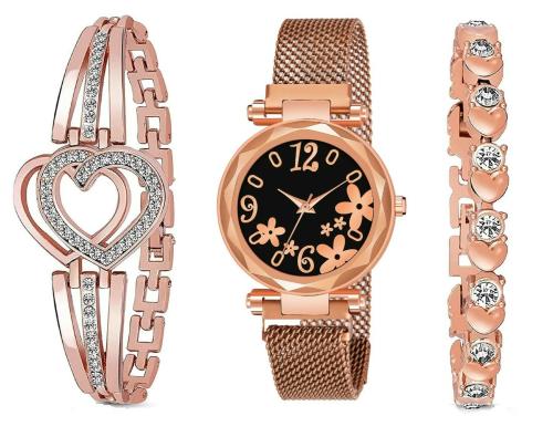 KIARVI GALLERY Analogue Attractive Flower Dial Magnetic Strap Stylish Wrist Watch for Women's and Girls(Rose Gold)