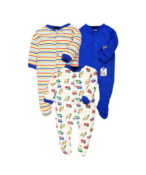 MYBABYTOWN BABY SLEEPSUIT ROMPER 100% Cotton Unisex Printed Royal Blue Pack of 3 Rompers & Onesies 9-12 M RM-ROYAL-B-9-12