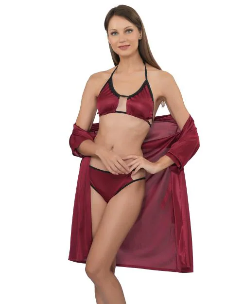 Legit Affair Maroon Solid 3 Pc Set Nighty 2 pc lingerie set with robe for women
