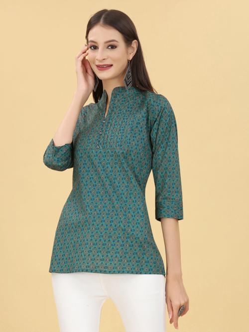 VUBA Women Pure Cotton 3/4th Sleeves Floral Printed Turquoise Tunic Top - M