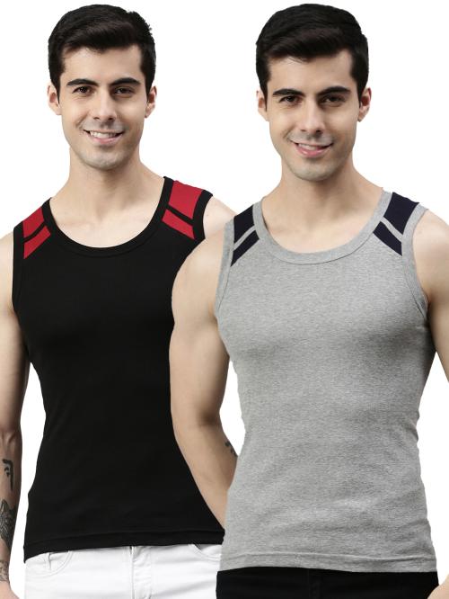 Lux Cozi Black and Grey Cotton Blend Gym Vest Pack of 2
