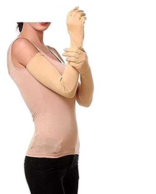Cotson Women Cotton Full Hand Summer Gloves (Beige, Free Size)