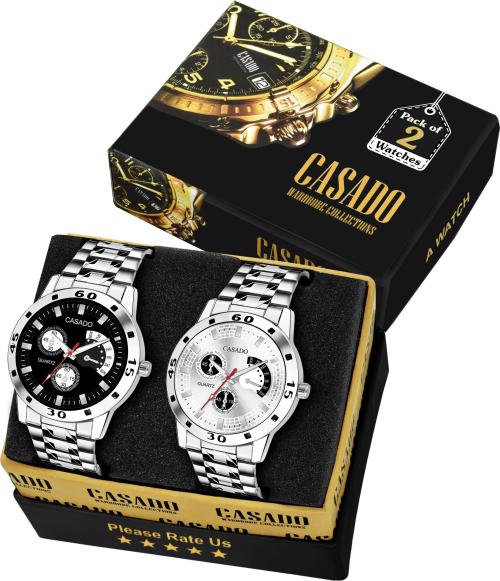 Casado Analog Black Silver Dial Silver Strap Watch For Men (Combo-347-Black-Silver) (Pack Of 2)
