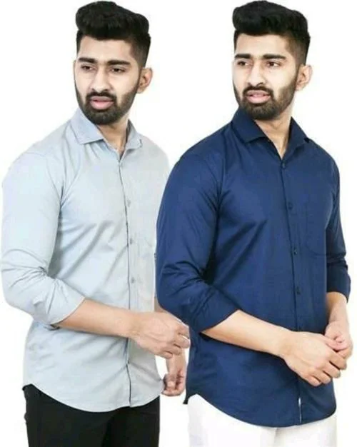 BOUGHT FIRST Solid Regular Fit Combo of 2 Shirt for Men's, Stylish Full Sleeves Pure Cotton Shirt for Men's, Casual Formal Shirt for Men's -(Grey+Navy Blue, XL)