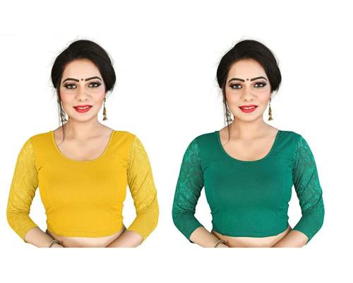 BKD Fashion Women Blue and Yellow pack of 2 Readymade Stitched Saree Blouse (Large)