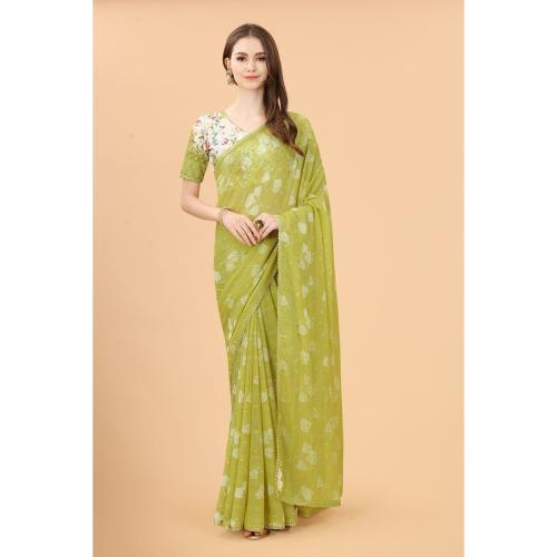 Grubstaker Green Colour Zoya Silk Digital Printed Saree With Lace Border