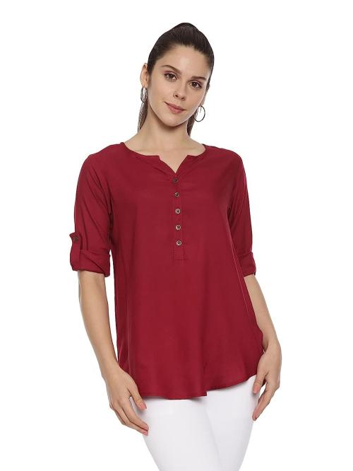 Pavisa Women’s Casual Rayon Maroon Solid Top With Front Button Design, Stylish Top With V-neck and Three Quarter Roll Up Sleeve - X Large