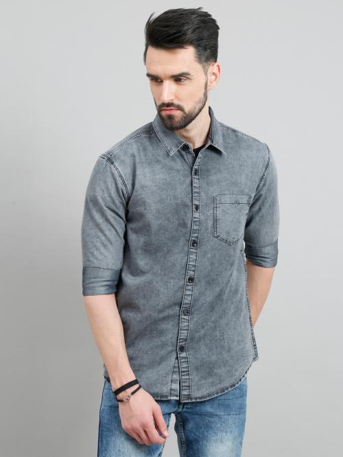 Regrowth Men Faded Grey Denim Casual Full Sleeves Shirt