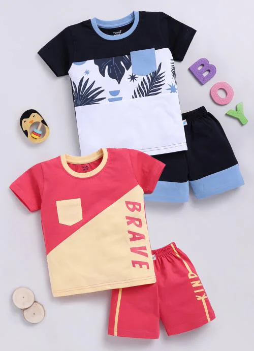 Toonyport Boys Pack Of 2 Cotton Printed Round Neck Half Sleeves Shirts with Shorts Sets