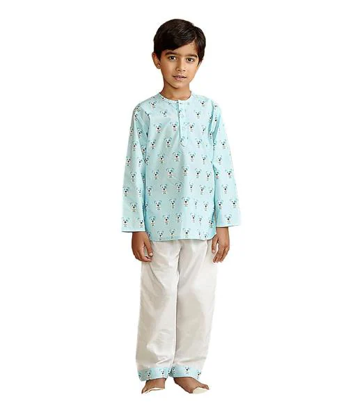 Giggle Buns Kids Pastel Blue Funprint Cotton Round Neck Collared Night Suit (4-5 Years)