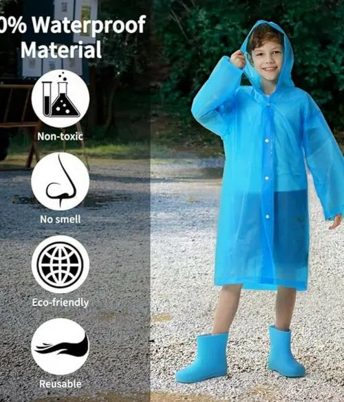 INFISPACE Kid's Reusable EVA Rain Poncho Raincoat| Rain Jackets Long with HoodEva Boys Blue H Color Raincoat pack of 1