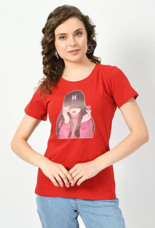 Women Red Print Smile T shirt | Half Sleeve Plain | Regular Fit Ladies T Shirt for Women & Girls | Cotton Shirt for Women