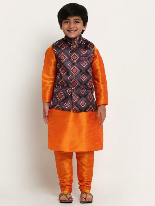 Benstoke Boys Mustard & Charcoal Grey Geometric Silk Blend Kurta Pyjama Set