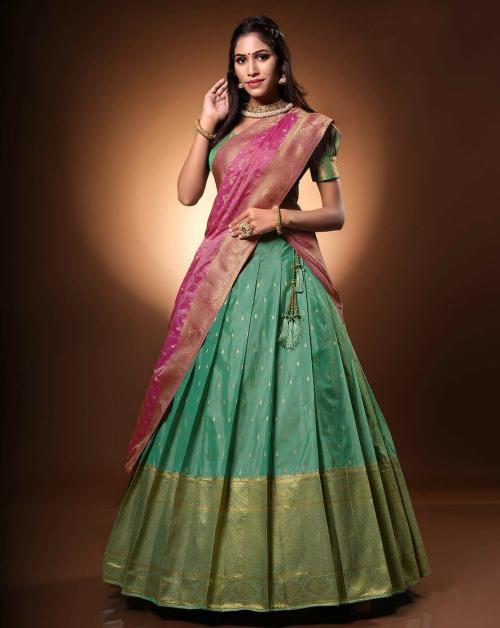 HALFSAREE STUDIO Sea Green Banarasi silk Zari Woven Lehenga Chol