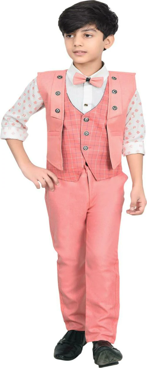 Ahhaaaa Boys Pink Full Sleeve Cotton Blend Checkered Shirt Waistcoat and Pant Set