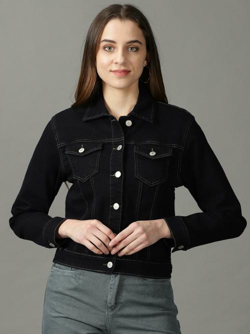 SHOW OFF Women's Black Solid Denim Jacket