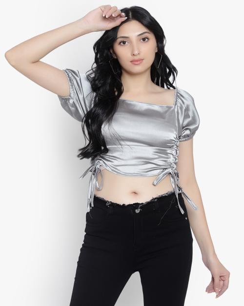 Farever Selections Co. Fashions Casual Solid Women Silver Top ()