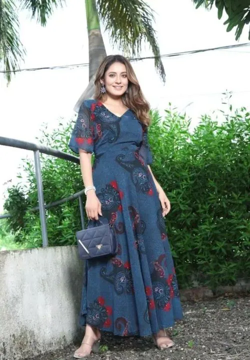 SAWALAJI FASHION Stunning Flower Printed Georgette Long Maxi Dress for Women | Elegant Floral Gown Perfect for Parties, Weddings, and Special Occasions | Comfortable & Flowy Summer Dress (XL)