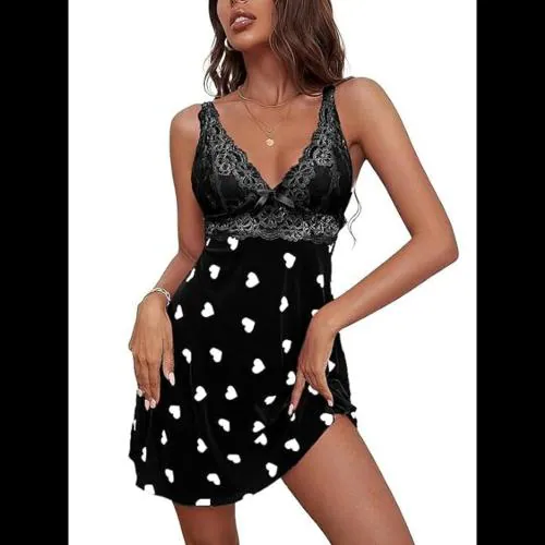 MAURNEE Women's Babydoll Satin Honeymoon Lingerie Nightwear Nighty Satin Womens Sexy Night Dress for Honeymoon Heart Printed (Heart Print Hot Polka Dot Babydoll)