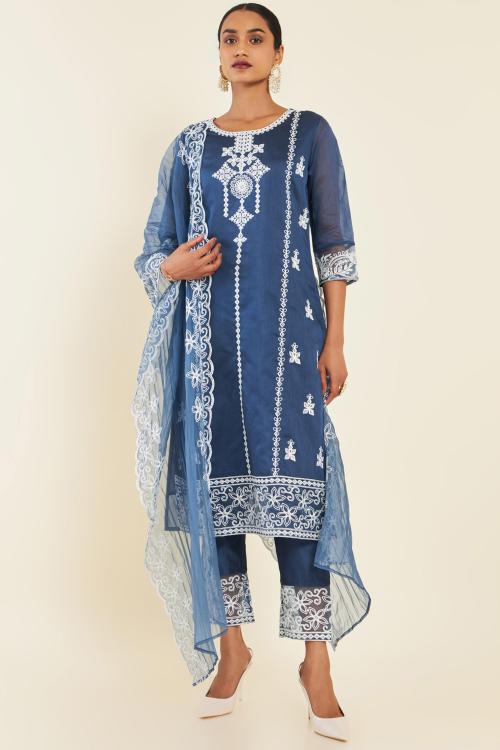 Soch Women Blue Chanderi Embroidered Suit Set