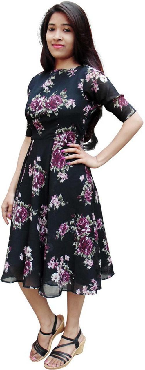 Shirak Serving Princess Women Black Floral Print Georgette Fit And Flare Dress