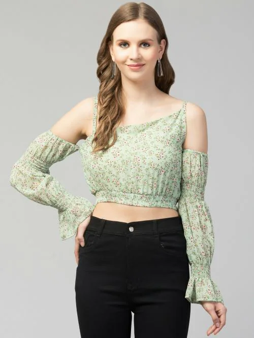 Bitsy Owl Women Green Floral Print Georgette Crop Top|TOPS|WOMEN TOPS|GIRLS TOP|WESTERN WEAR|WOMEN