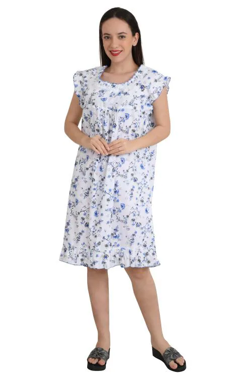 REDGLO Knee Length Relaxed Fit Cotton Night Dress Short Nighty/Printed Nightwear/Night Gown/Comfortable Midi for Women/Girls-Blue-Mashroom