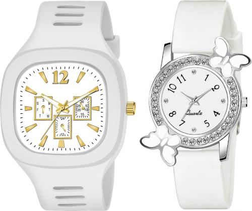 EDENSCOPE Analog White Dial White Strap Couple Watch (4D-26) Pack Of 2