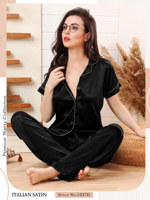 Skin Wrap Satin Silk Pajama Set for Women Half Sleeve Sleepwear Loungewear Nightwear Plain Color Black - M